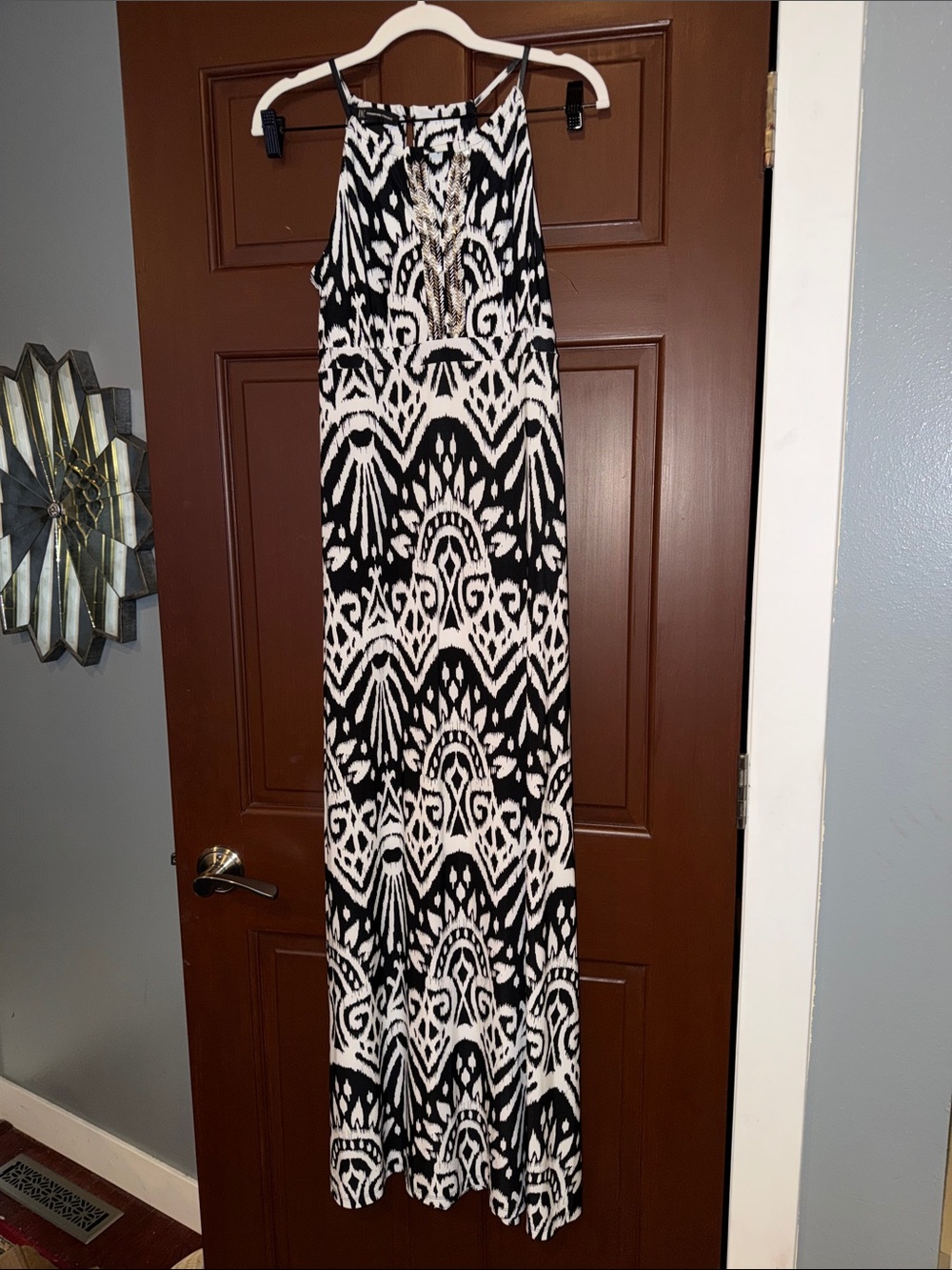 INC International Concepts Black & White Geometric Halter Maxi Dress